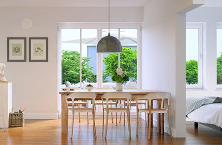 Dining room lit by natural light